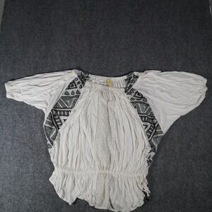 Free‎ People White Embroidered Boho Dolman Sleeve Cinched Waist Blouse Top S